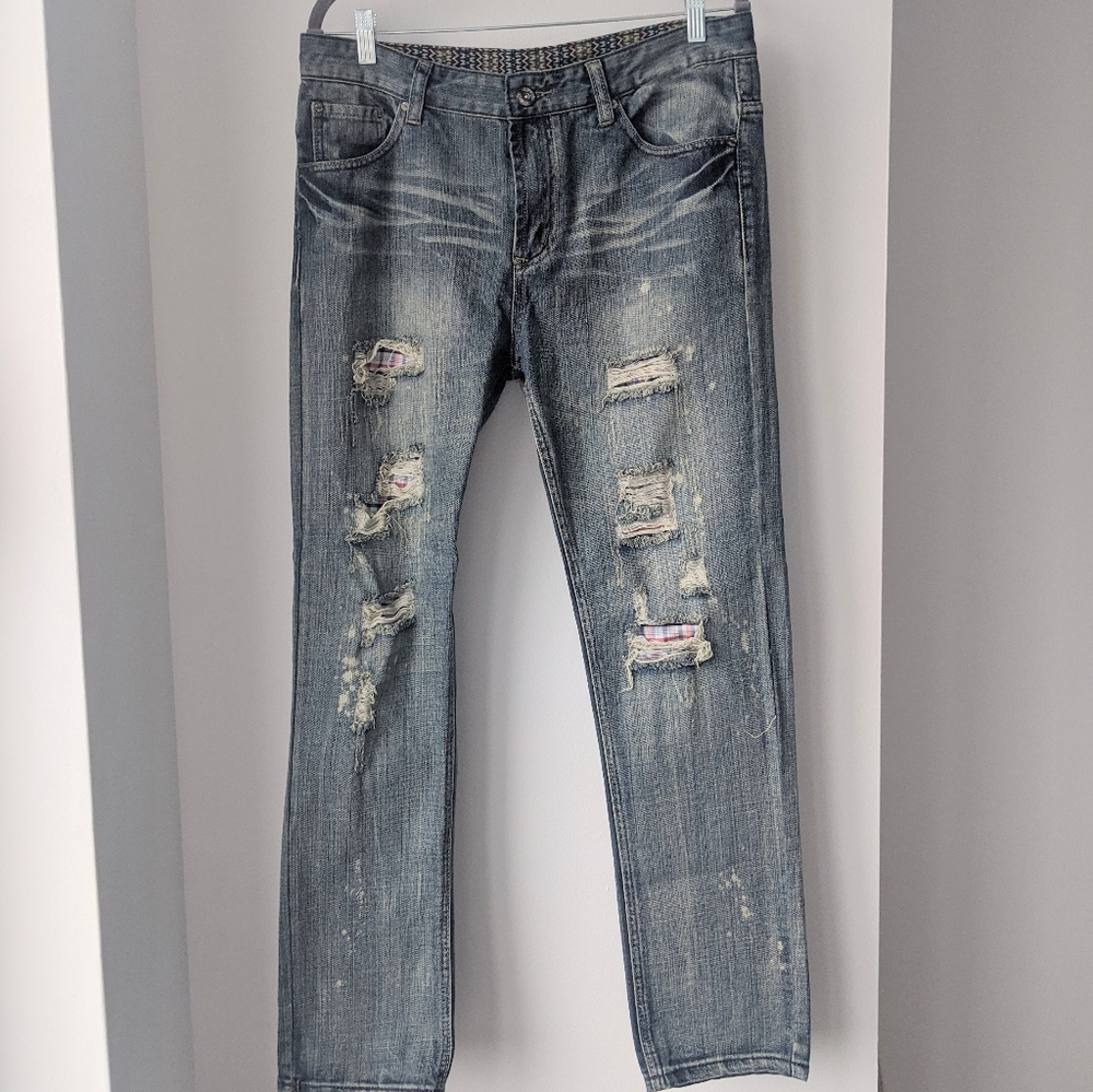 Distressed Jeans with Plaid Underlaid Material
